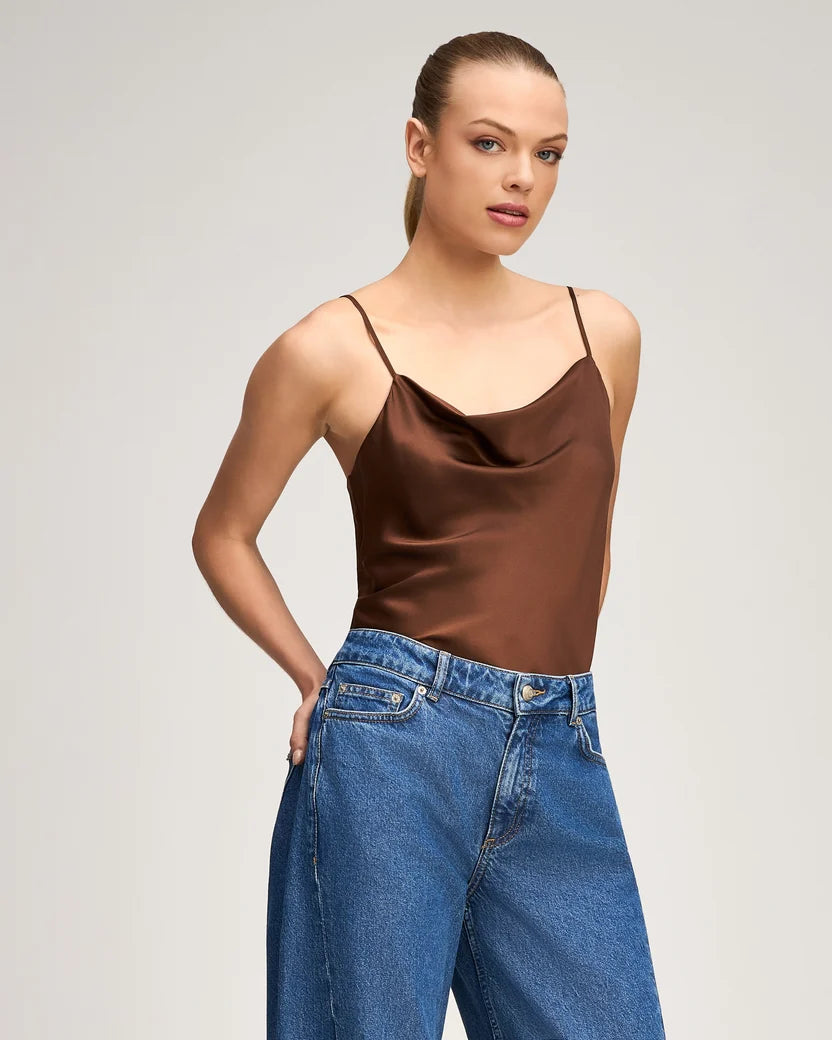 Front view of the Cinq à Sept Marta silk camisole in Espresso paired with denim jeans.