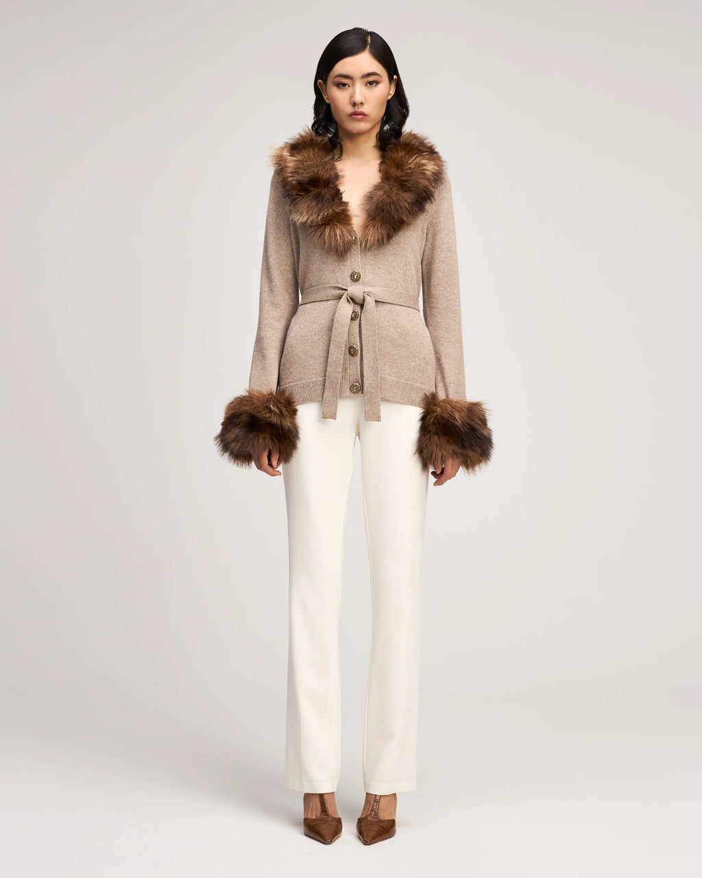 Cinq à Sept Sandy faux fur trim cardigan sweater in Oatmeal.