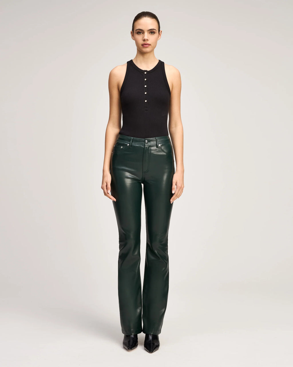 Cinq à Sept Stevie vegan leather bootcut pant in Deep Malachite green.