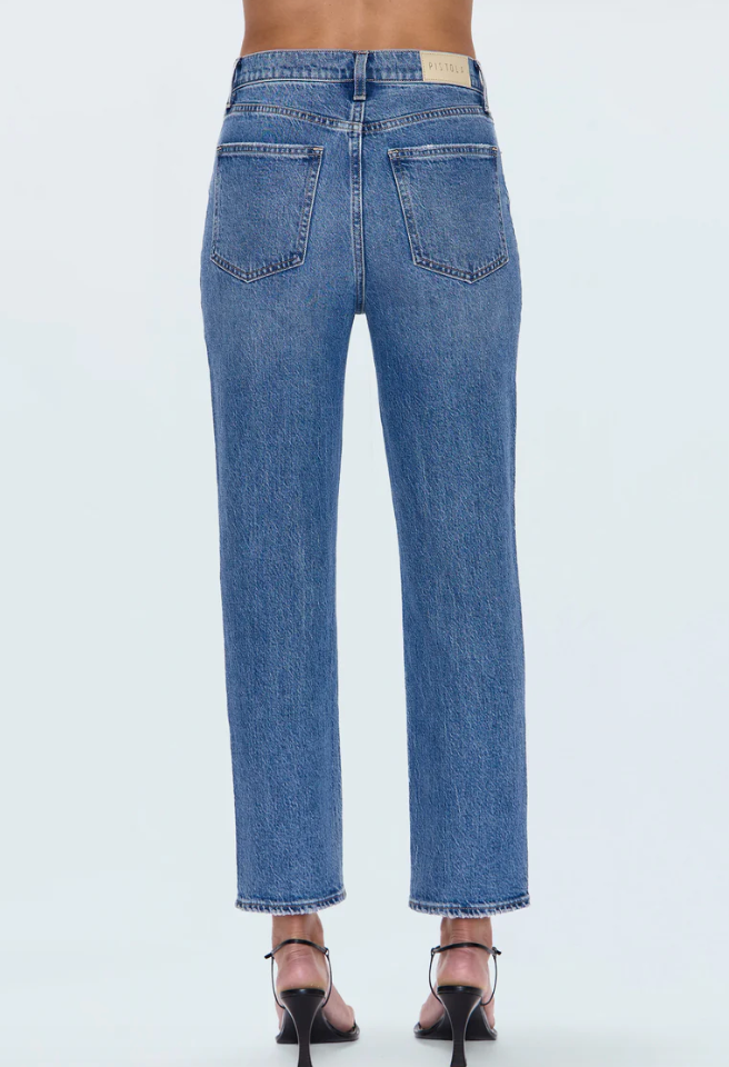 Pistola Bri High Rise Slim Straight Ankle Jean in Charleston wash, back view on model.