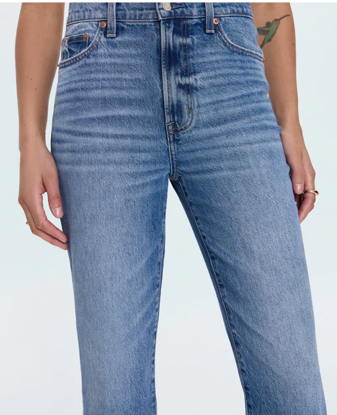 Close-up front view of Pistola Bri High Rise Slim Straight Ankle Jean in Charleston wash.