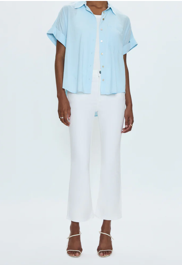 Pistola Lennon High Rise Crop Boot Jean in Vivid White wash on model.