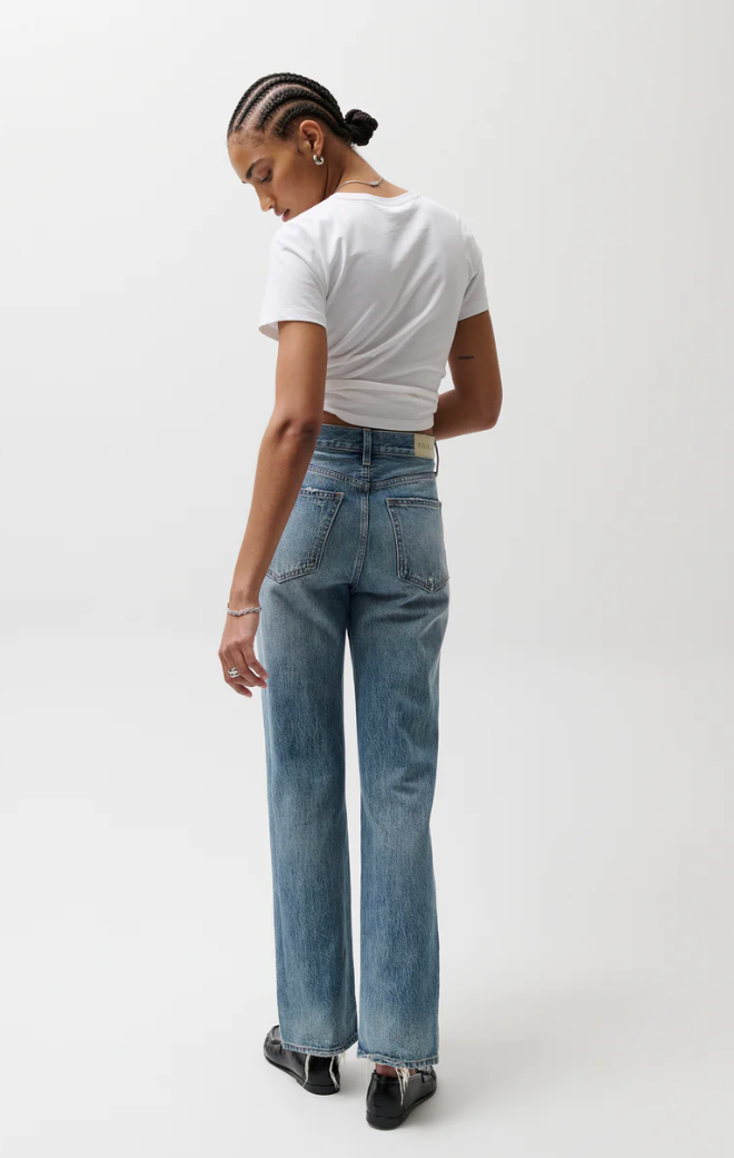 Pistola Cassie Super High Rise Straight Jean in Serpentine Vintage wash, back view on model.