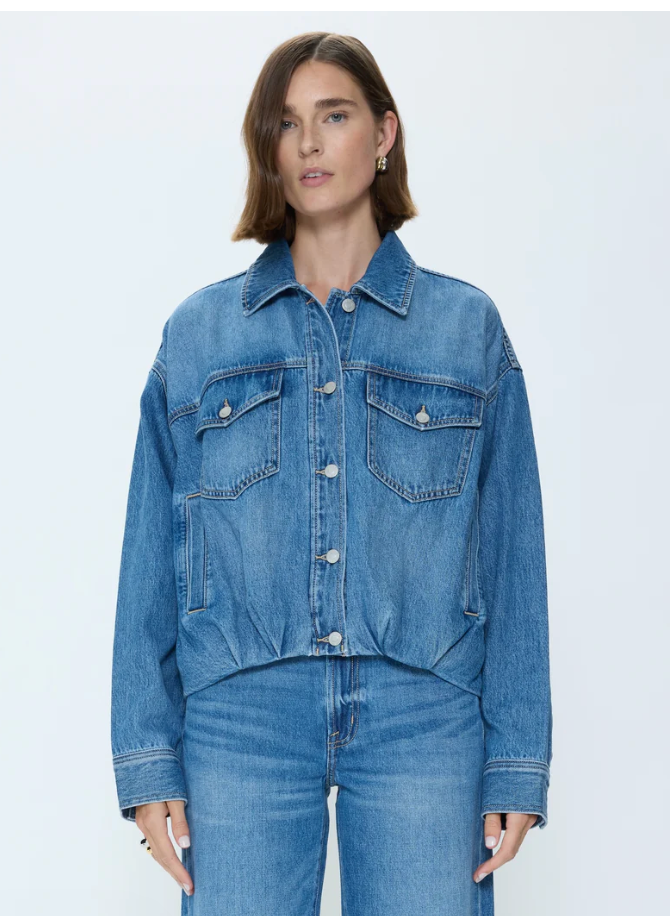 Pistola Bibi Denim Bomber Jacket in Heartfelt wash, front view on model.
