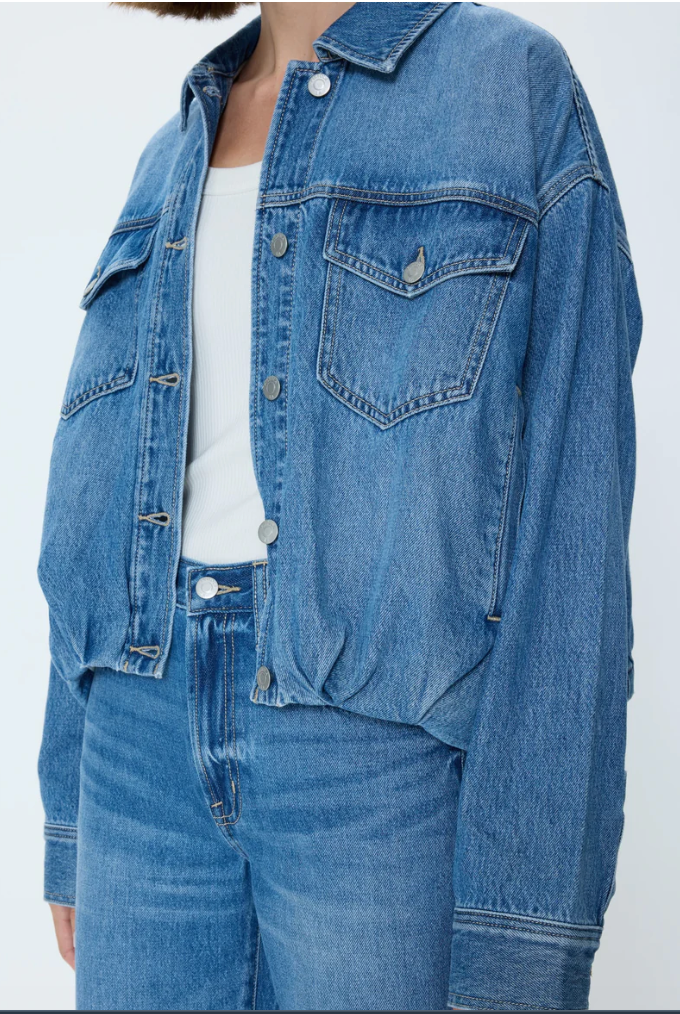 Front close-up view of Pistola Bibi Denim Bomber Jacket in Heartfelt wash.