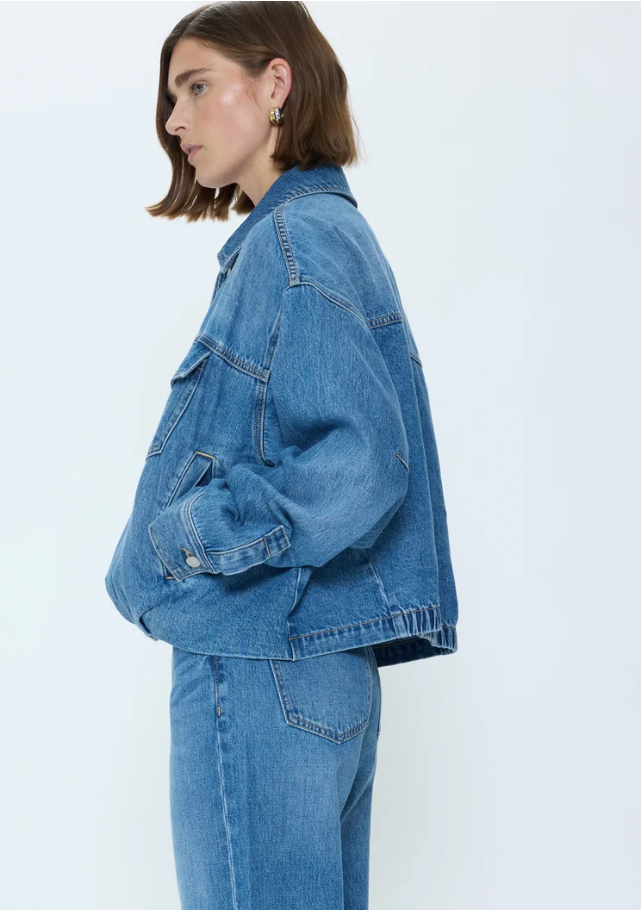 Pistola Bibi Denim Bomber Jacket in Heartfelt wash, side view on model.