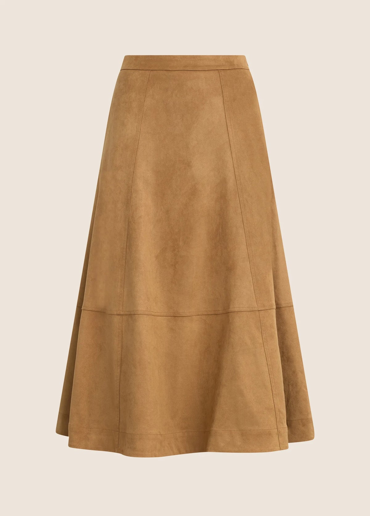 Front view of the Favorite Daughter The Aspen Skirt in camel faux suede against a light neutral background.